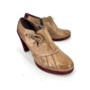 Antelope Womens Tan Leather Burgundy Suede Block Heel Ankle Boots Size 38